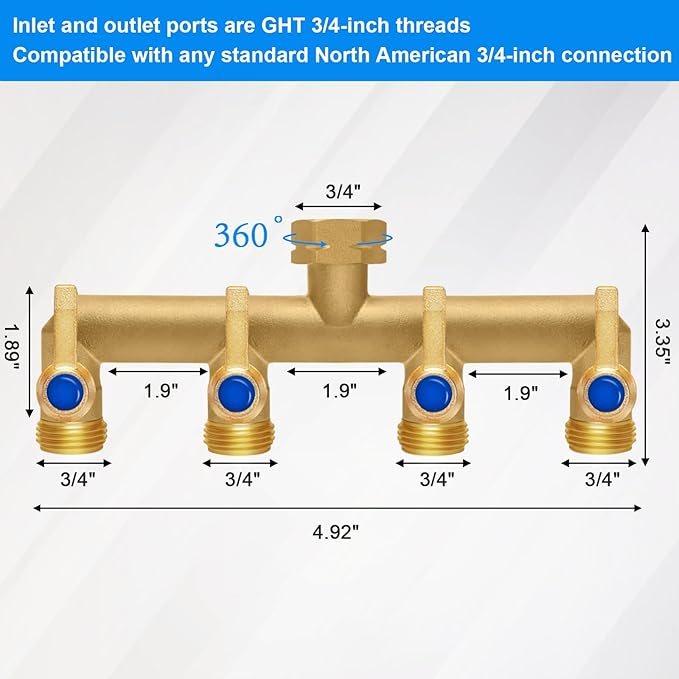 Brass Garden Hose Splitter, 4 Way Hose Splitter, Outdoor Hose Splitter, GHT 3/4 in. Female Inlet and 3 Way 3/4 in. Male Outlet for Regulating and Shutting Off Water Flow