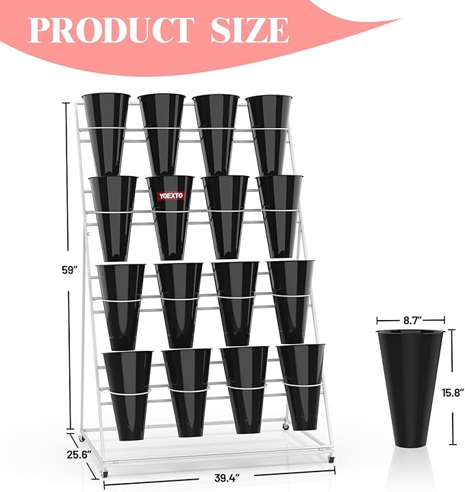 Flower Display Stand with Buckets, 4 Layers 16 PCS Buckets Plant Stand with Wheels, Movable Metal Plant Stand for Terrace Garden, Living Room, Florist Shop (White Frame - Black Buckets, 4-Tier)