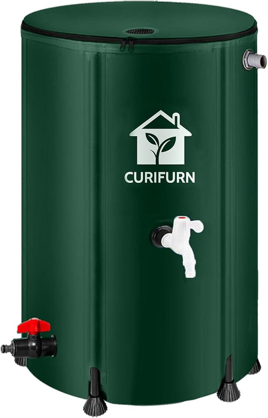 100 Gallon Rain Water Barrel, Portable Rainwater Collect System Water Storage Tank Collapsible Rain Barrel with Filter, Spigot & Overflow Kit (Reinforced Liner+Thickened Legs) - Green