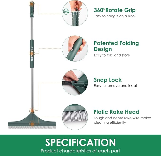 ORIENTOOLS Foldable Artificial Turf Rake - 51" Turf Rake for Artificial Grass - Steel Handle Artificial Grass Rake - Carpet Rake for Cleaning Leaves from Lawns and Pet Hair from Carpets