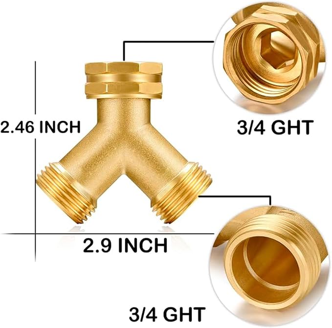 Garden hose splitter, Brass Y-Type Unrestricted Flow Fitting, Garden Faucet splitter (2-way full flow 2Pcs)