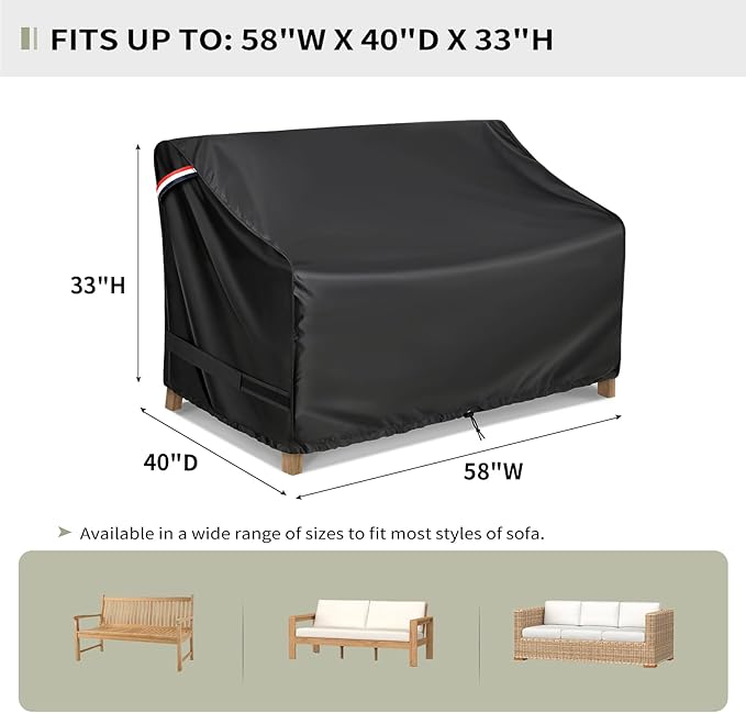 KylinLucky Waterproof Patio Loveseat Covers 58W x 40D x 33H inches,2-Seater Heavy Duty Outdoor Furniture Sofa Cover Black