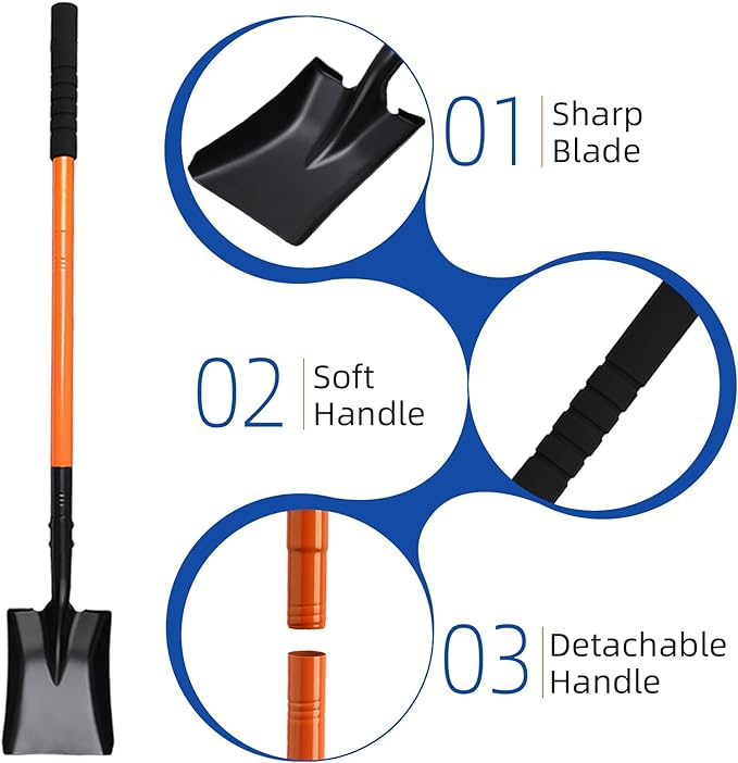 Small Square Shovel for Digging with Metal Handle, 43.3 Inch Heavy Duty Small Shovel, Trench Shovels Ideal for Digging Gardening Trenching Camping Planting Transferring, Orange