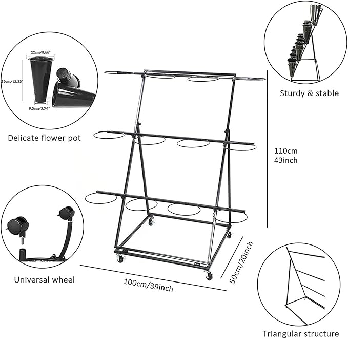 Flower Display Stand with 12pcs Plastic Buckets Iron Plant Stand with 4 Universal Wheel, 3-layers Metal Moving Florist Bouquet Shelf for Fresh Flower Shop (WHITE)