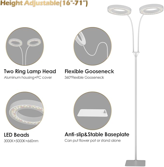 GLOWRIUM Grow Lights for Indoor Plants, Full Spectrum LED Grow Light Floor Lamp with Stand Adjustable Height and Angle, Black Plant Light with 3/9/12H Grow Light Timer (White, 36W)