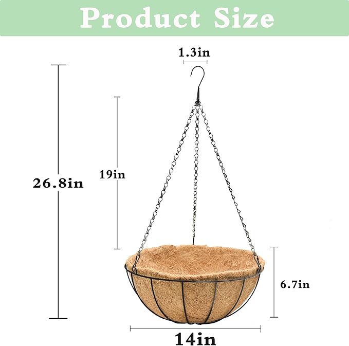 4 Pack Hanging Planters 14 Inch Metal Hanging Planter Basket Flower Pots with Coco Coir Liners Round Wire Plant Holder with Chain for Indoor Outdoor Patio Porch Garden Decoration（XG）