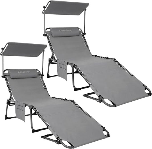 KingCamp 2 Pack Tanning Chair with Face Hole, Lounge Chairs Outdoor Folding Comfy Adjustable 5-Position Foldable Chaise Chaser with Canopy Shade for Outside Beach Patio, Grey