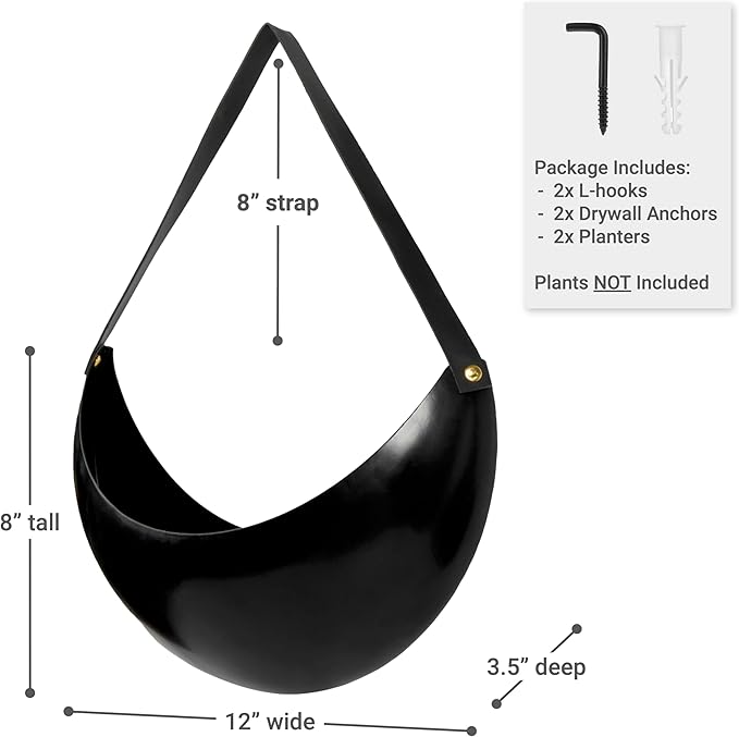 Set of 2 Black Metal Wall Planters - 12" Crescent Hanging Pots with Faux Leather Straps - Indoor Outdoor Decor for Succulents & Air Plants - Unique Plant Gift and Modern Minimalist Home Decor
