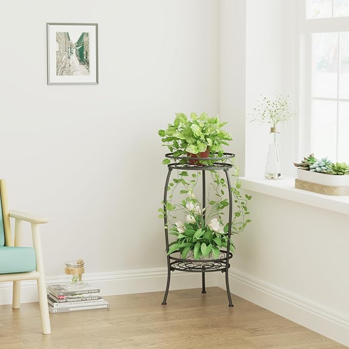 Plant Stand Indoor Outdoor, 2 Tier 27" Tall Metal Plant Stand Shelf, Heavy Duty Flower Pot Shelf for Corner, Patio, Garden, Office, Living Room