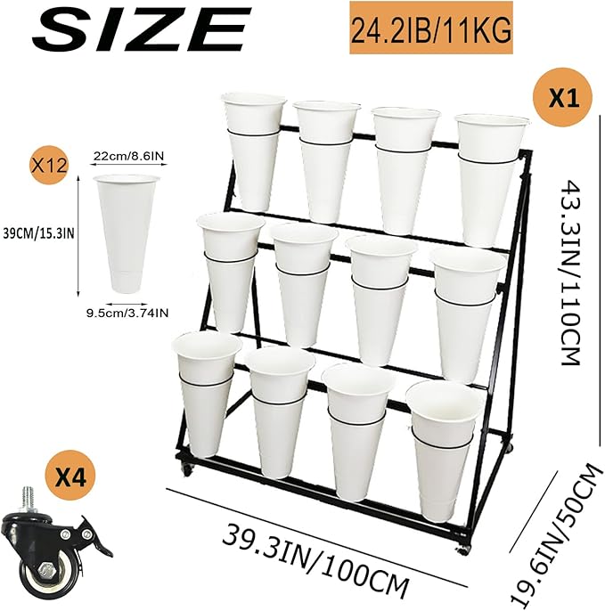 Flower Display Stand, 3 Layers Heavy Duty Moving Plant Cart Shelf With Wheels and Bucket, Wrought Iron Florist Shelf, for Patio Garden, Florist, Outdoor Flower Pop-Up Events (White Iron Frame)