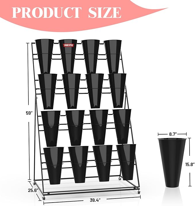 Flower Display Stand with Buckets, 4 Layers 16 PCS Buckets Plant Stand with Wheels, Movable Metal Plant Stand for Terrace Garden, Living Room, Florist Shop (Black Frame - Black Buckets, 4-Tier)