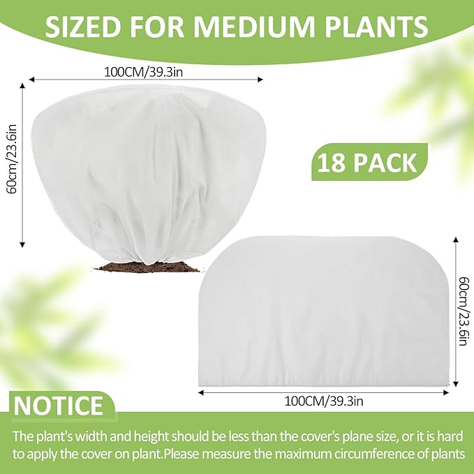 18 Pcs Winter Plant Covers Freeze Protection 39.4x23.6 Inch Horizontal Shrub Tree Plant Protection Bags Frost Blanket with Drawstring for Fall Winter Outdoor Garden Planting (White)
