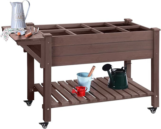 GUTINNEEN Raised Garden Bed for Herbs, Patio Elevated Flower Planter Vegetable Boxes with Grow Grid - Large Storage Shelf Brown