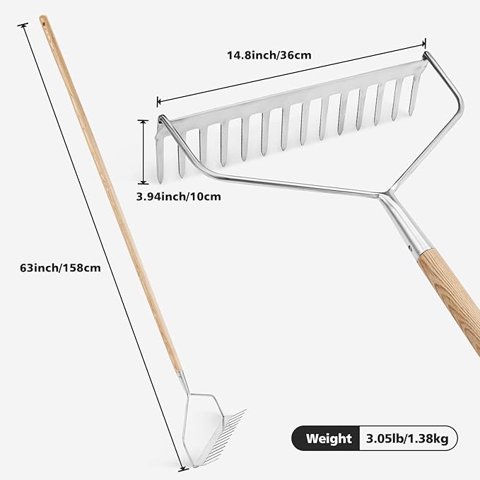 Berry&Bird 14 Tines Bow Rake for Gardening, 63-inch Garden Rakes Heavy Duty with Wooden Long Handle Stainless Steel Hard Rake for Lawn Loosening Soil, Weeding, Cleaning Leaves & Grass Cultivator Tool