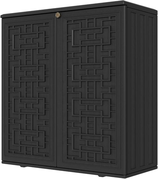 KINYING Outdoor Storage Cabinet Waterproof, Resin 60 Gallon Deck Box for Patio Furniture Cushions, Garden Tools, Pool Tools and Kids’ Toys (Black with 1 Shelving)