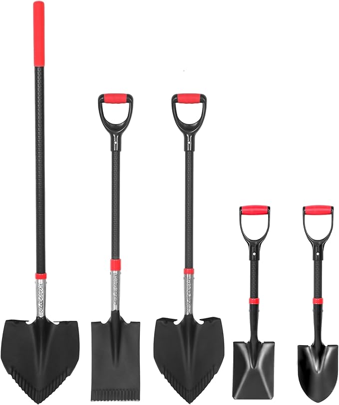 SHARK ATTACK 5-Piece Steel Shovel Set with Non-Slip Handle and D-Grip Handles - Multi-Size Garden Shovels with Powder Coating for Digging, Planting & Car Emergency
