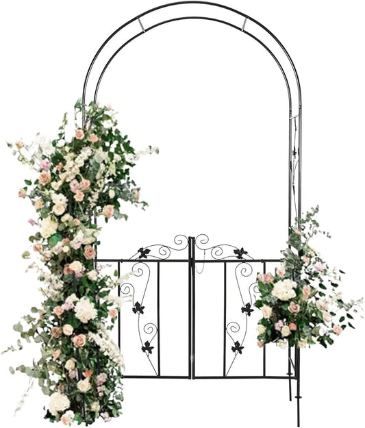 Outdoor Garden Arbors with Gate Door 7’ H x 3’7’’ W Metal Garden Arch Plants Growing for Wedding Party