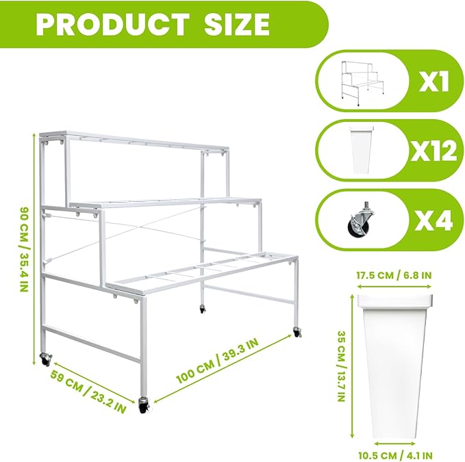 Flower Display Stand with Buckets, 3 Layers 12PCS Buckets Metal Flower Cart Display Stand with Wheels, for Patio Garden, Living Room (3 Layers White Square Bucket)