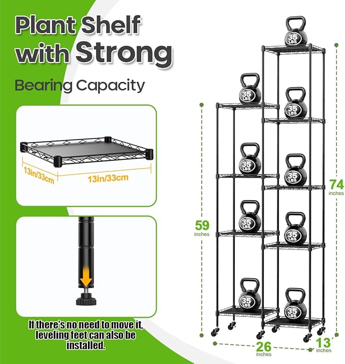 Abimars 74'' Tall Plant Stand with Wheels, Shelf Height Adjustable Metal Plant Shelf for 9 Potted Plants, DIY Assembly Indoor & Outdoor Plant Display Rack