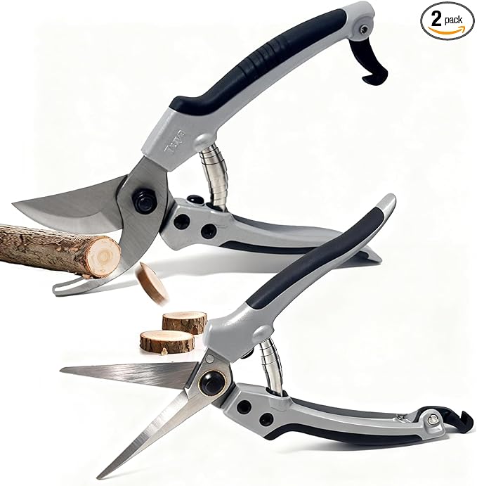 2 Pack Garden Pruning Shears, Heavy Duty Garden Scissors & Clippers for Wood & Tree Trimming, Safety Lock, for Cutting Flowers, Trimming Plants, Picking Fruits (Black and white)