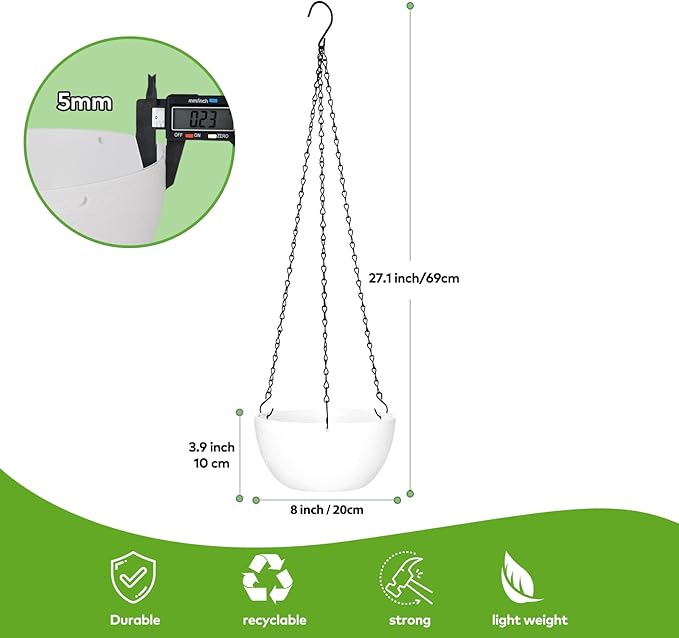 8 inch Hanging Planters for Indoor Outdoor Plants, 2 Pack Pots with Drainage Holes and Chain, Plastic Flower Pots for Garden Home Decor, White