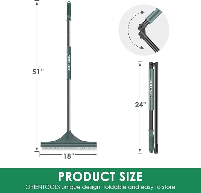ORIENTOOLS Foldable Artificial Turf Rake - 51" Turf Rake for Artificial Grass - Steel Handle Artificial Grass Rake - Carpet Rake for Cleaning Leaves from Lawns and Pet Hair from Carpets