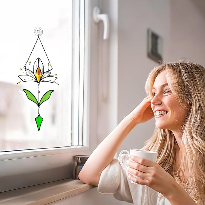 Lotus Flower Gifts Stained Glass Suncatcher for Window Hanging,Fake Flowers Decor Sun Catchers Indoor Window,Best Flower Gifts for Women, for Mom Grandma