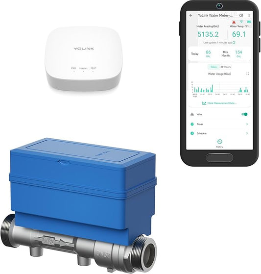 NSF Certified YoLink FlowSmart All-in-One Smart Water Meter & Auto Shutoff for 1.25" Pipes, LoRa Long-Range, Real-Time Leak Detection, 10-Year Battery, 80+ Device Ecosystem, Hub Included – YS5018