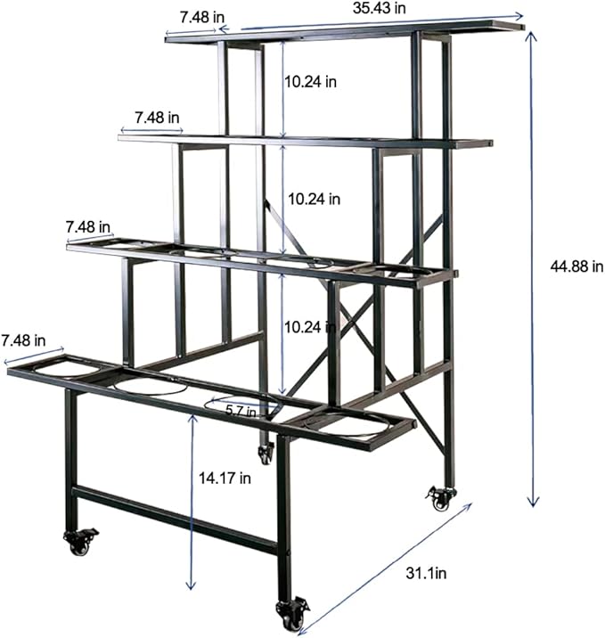 Zhongma Flower 4 Tier Display Stand with 16pcs White Plastic Buckets for Fresh Flowers Heavy Duty Garden Cart Moving Flower Bucket Stand with Wheels.