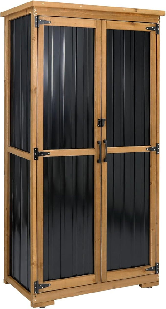 Outdoor Storage Cabinet, Tall Tool Garden Cabinet with Weather-Resistant Roof, Double Lockable Doors, 3 Removable Shelves & Adjustable Feet, for Patio, Garden, Backyard, 32" x 15.5" x 66"
