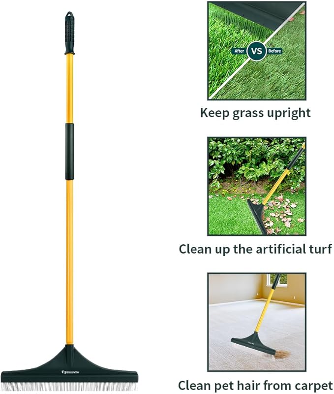 Artificial Turf Rake, 55" Long Whole-Piece Pole No Broke Design - Garden Hand Broom Rake for Easy Quick Remove Leaves, Debris, Shrubs, Pet Hairs.. from Turf, Lawn, Synthetic Grass, Carpet