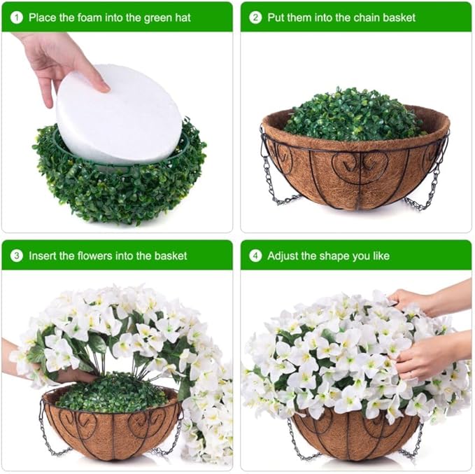 Artificial Hanging Flowers Faux Plants Basket for Outdoors Spring Summer Decor, Fake Silk Bougainvillea in Planter Outdoor Look Real UV Resistant Faux Flower for Outside Porch Patio Garden Home, White