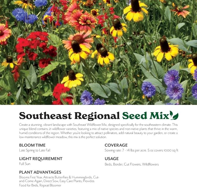 Grow Your Own Vibrant Annual and Perennial Wildflower Garden Seeds Mixture, Varieties for Pollinators and Spring Gardens - Southeast Regional Mix, 5 lbs