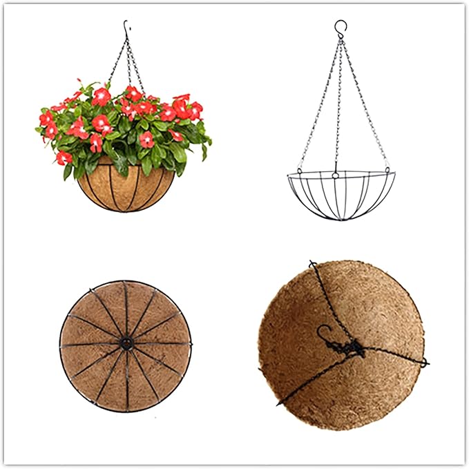 12 inch Metal Hanging Baskets For Plants Outdoor 4 Pack Round Metal Wire Hanging Basket Planter with Coco Fiber Liners Chain Round Wire Plant Holder for Garden, Patio, Deck, Porch Plants Flower Potss