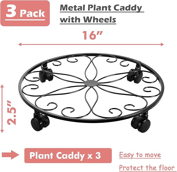 3 Pack Metal Plant Stand with Wheels - 16 Inch Large Plant Caddy, Heavy Duty Wrought Iron Rolling Plant Stand
