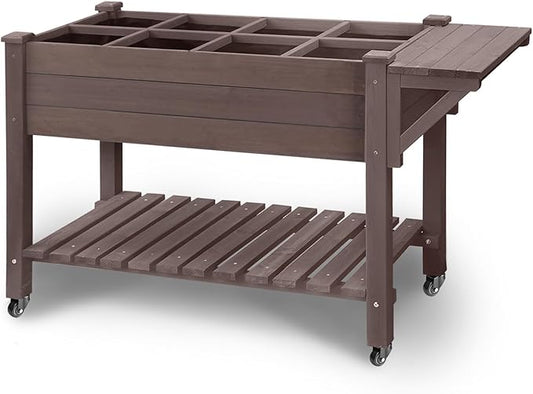 GUTINNEEN Raised Garden Bed Outdoor with 8 Planter Boxes Wooden Elevated Garden Bed with Legs Wheels Side Workbench and Storage Shelf for Plants Vegetables Flowers Herbs