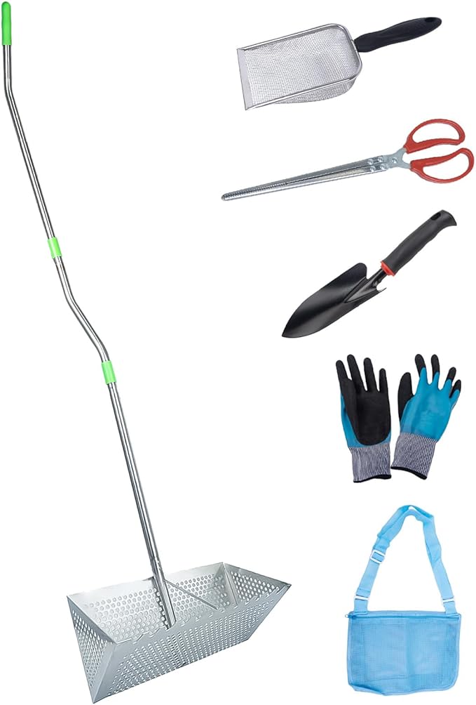 Sand Fleas Rake Set,Detachable 57 Inches Long Handle,Curved Handle Design,Includes Sand Flea Rake,1*Beach Bag,1* Beach Mesh Shovel,1*Black Shovel,1*Crab Claw Pick,One Pair of Gloves