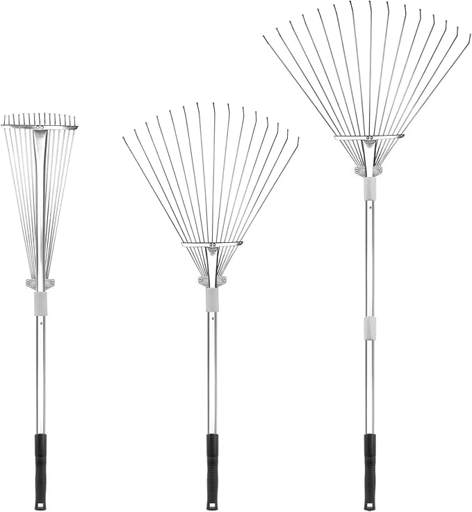 Buyplus Adjustable Garden Leaf Rake - 24 to 63 Inch Telescopic Metal Expandable Folding Leaves Rake, Metal Rakes for Leaves, Yard Rakes for Lawn Yard, Flowers Beds, Sliver
