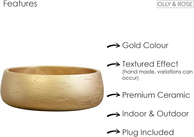 Olly & Rose Large Ceramic Planter Bowl Shallow Plant Pot - Gold Flower Pot Indoor and Outdoor Decorative Bowl Garden and Home Décor