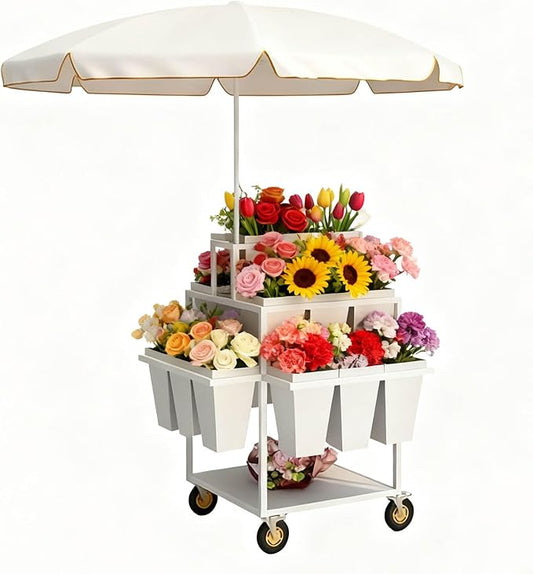 Metal Garden Cart Plant Stand with 18pcs Buckets and parasols, Slide Out Rolling Flower Display Rack, for Florist, Patio Garden, Weddings Party, Business Market (White)