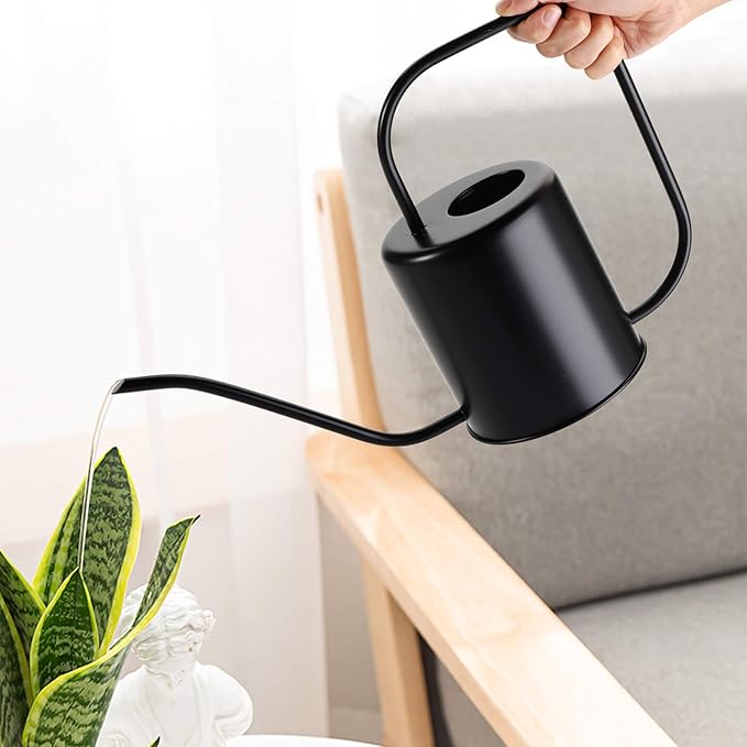 Fasmov 51 Oz Stainless Steel Watering Can Modern Style Watering Pot, Watering Can with Long Spout for Easy Pour, Water Outdoor Garden, Indoor Plant (Black)