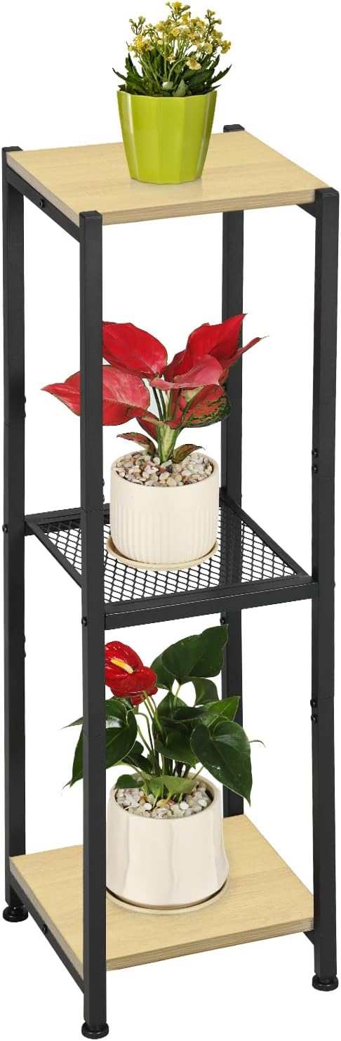 Extra Tall Plant Stand Indoor,40 Inch Plants Stands,3 Tier Metal Plant Stand with Heavy Duty Wood and Metal Mesh Shelf,Yellow Oak and Black