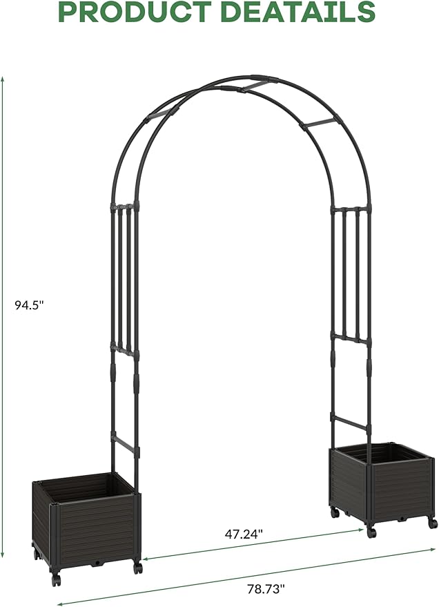 94.5 Inch Garden Arch Trellis with 2 Planter Boxes for Climbing Plants, PE Coated Metal Wedding Arch Arbor with Planter Box for Outdoor Decor, Party Backdrop & Flower Support