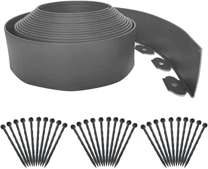 Landscape Edging 33ft,Garden Borders Edging [Extra Tall 4IN ] with 30pcs Spikes,Lawn Edging Kit Flexible Mini Plastic Fence for Grass Yard Flower Bed -Grey