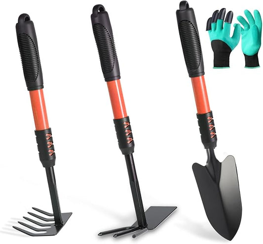 Garden Tool Set, 4 Pack Gardening Tools, Stainless Steel Heavy Duty Hand Cultivator, Hoes, Shovel, for Planting Weeding Digging, Gardening Gifts for Women, Red