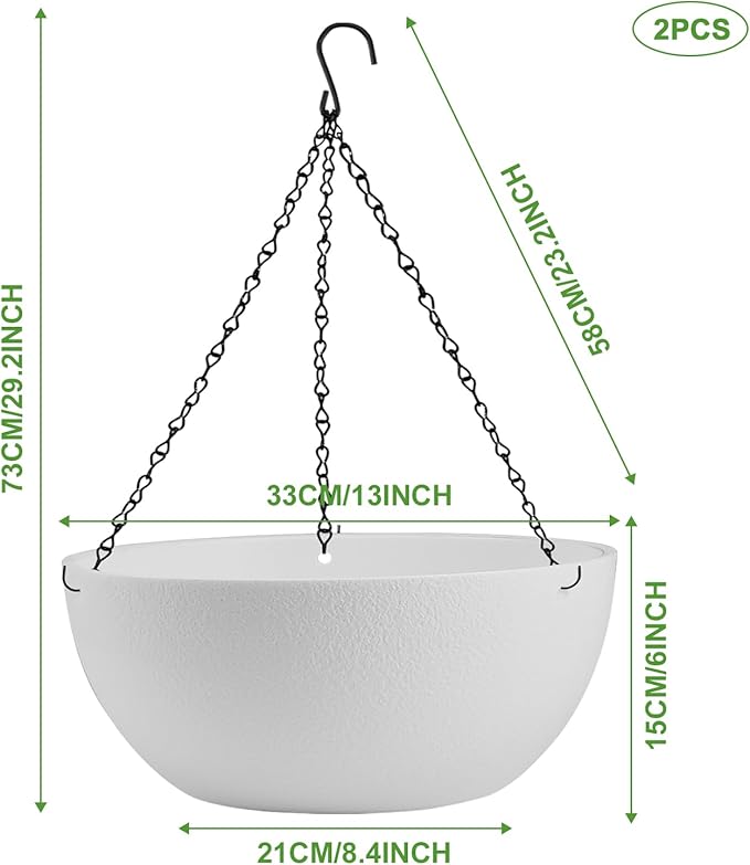 Enenes 2 Pack 13 Inch Large Hanging Planters Outdoor Indoor Round Flower Pots with Drainage Holes and Chain Decorative Hanging Baskets for Garden Porch Balcony Home Decor