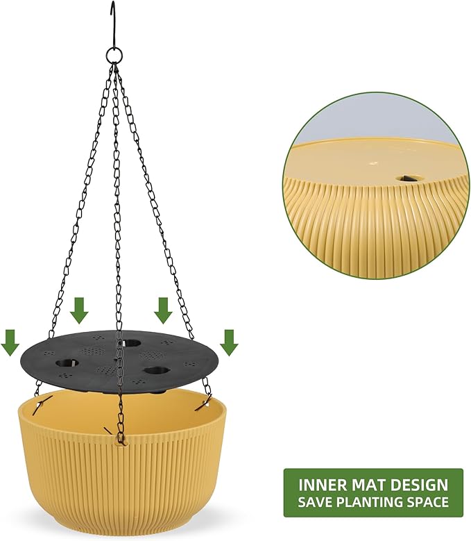 Dexceder 11.2 Inch Self Watering Hanging Planters Indoor Outdoor, Thickened Hanging Basket Flower Plant Pot (2 Pack, Yellow)