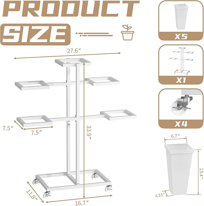 Flower Display Stand with Buckets, Sturdy Flower Cart with Wheels, Metal Bouquet Bar for Wedding, Party, Patio, Bridal Shower, White