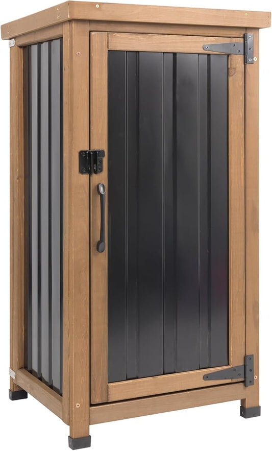 Outdoor Storage Cabinet with Metal Worktop, Fir Wood Frame & Adjustable Shelf, Weather-Resistant Garden Tool Organizer for Patio, Porch, Balcony, or Garage,18" L x 18" W x 33.5" H