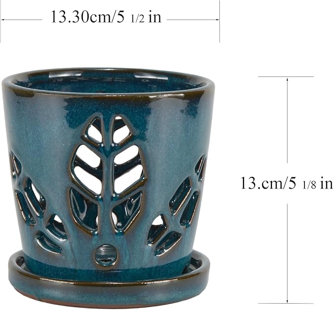 W&W Orchid Pot with Holes and Saucer for Repotting, 5.5 Inches, Teal